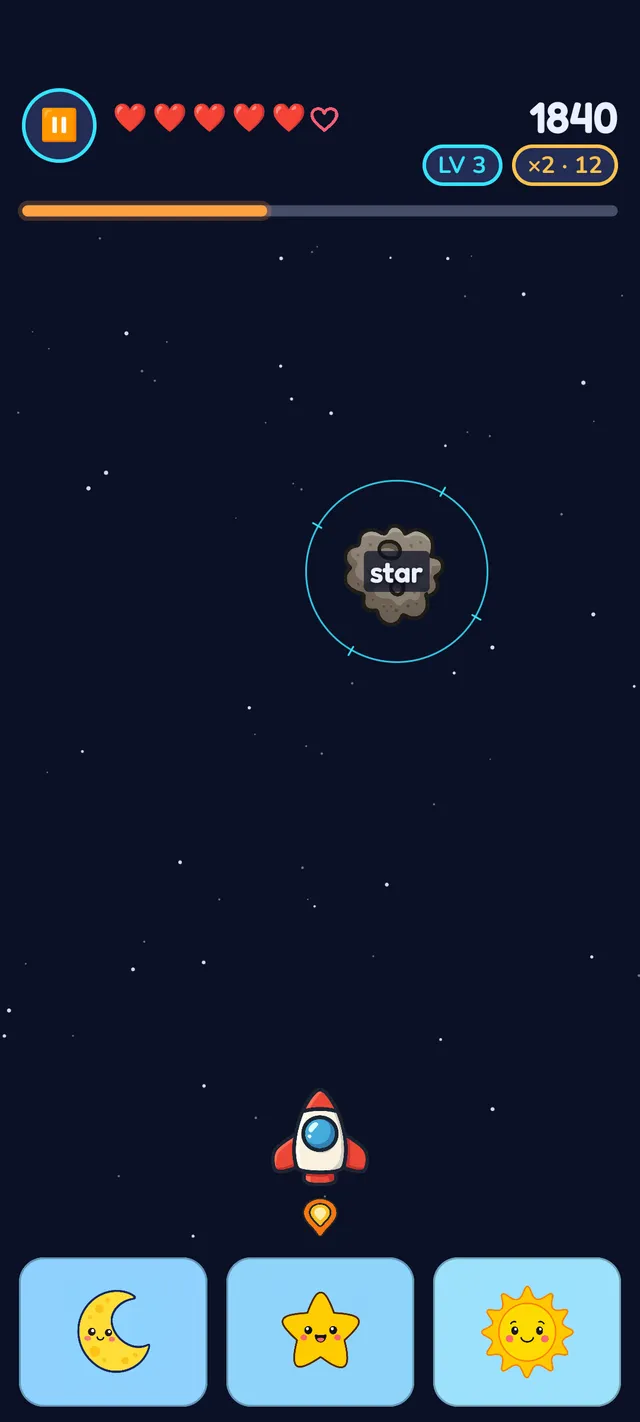 Gameplay screen showing a rocket ship aiming at a floating asteroid labeled 'star', with a heart-based life meter, score, and level readout, and three picture-answer choices — moon, star, and sun — along the bottom.
