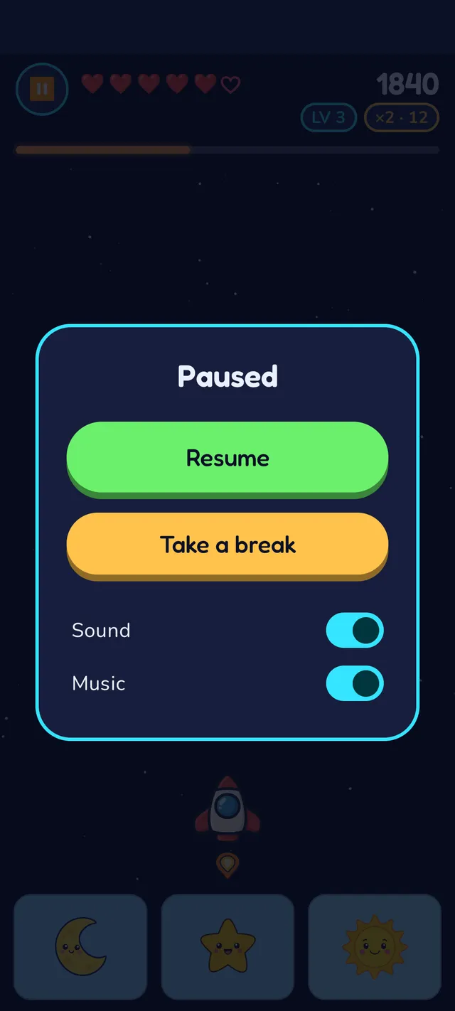 Paused game screen with Resume and Take a break buttons plus Sound and Music toggle switches, shown over the dimmed rocket gameplay scene.